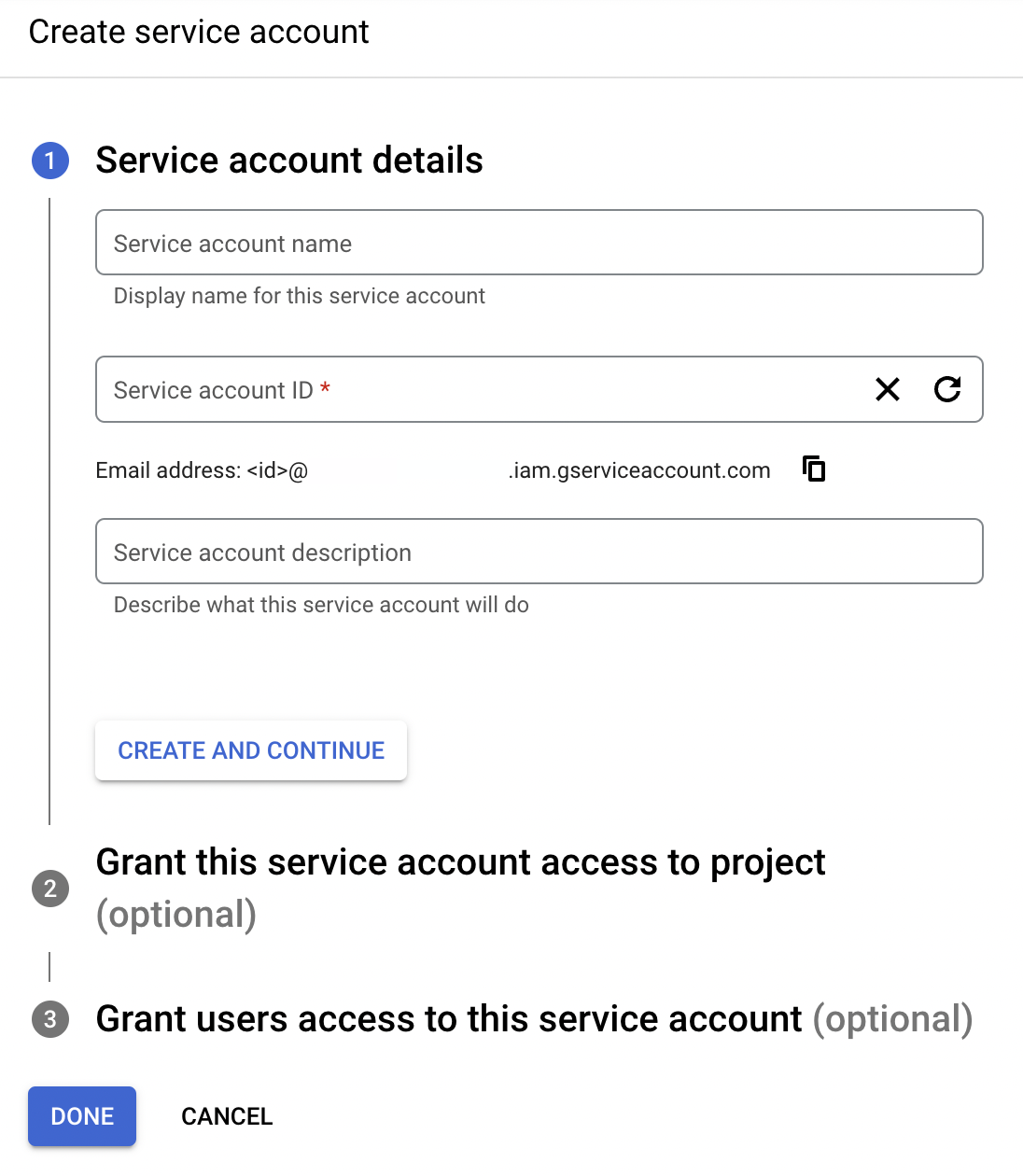 Set a service account name and description. Click Create and Continue. Skip through optional steps 2 and 3.