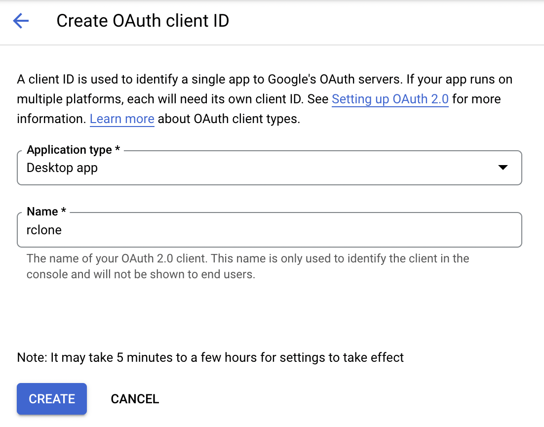 Select Desktop App as the application type, and give the OAuth 2.0 client a name