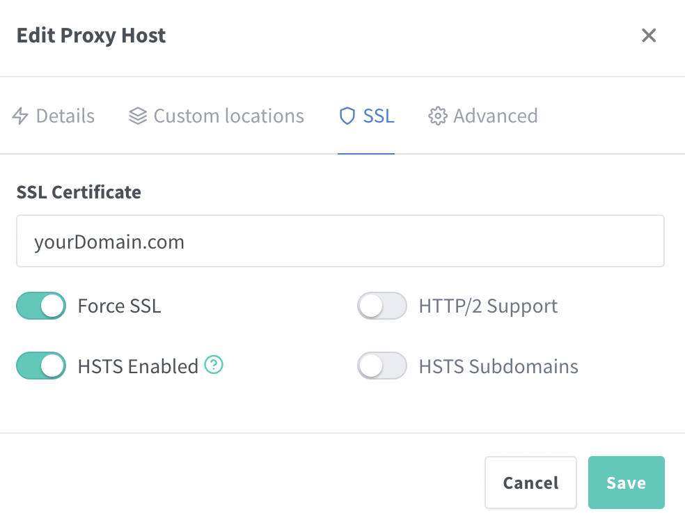 Make sure &lsquo;Force SSL&rsquo; and &lsquo;HSTS Enabled&rsquo; are both turned on
